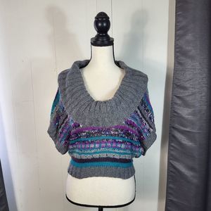 LINQ LOS ANGELES Gray Teal Purple Striped Wool Angora Knit Cropped Sweater Sz S